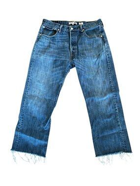 RE/DONE Relaxed Buttonfly Blue Frayed Hem Jeans Size 29 (Actual Waist 32”)